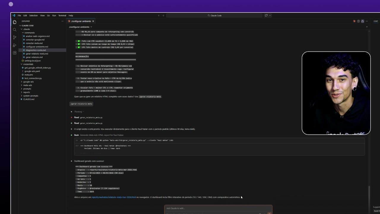 Claude Code gerando dashboard com sucesso - 5 campanhas, 10 Reels, tema dark